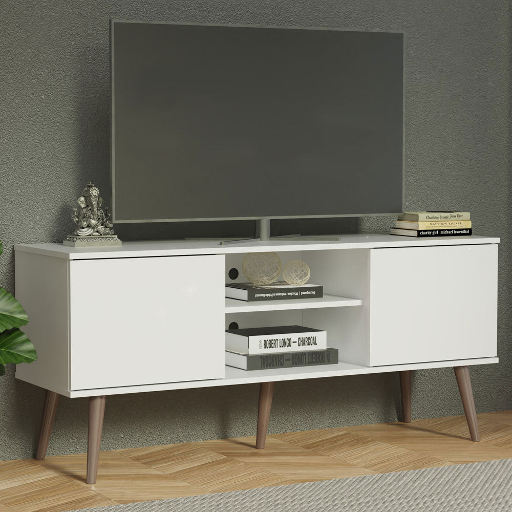 Madesa TV Schrank mit 2 Türen und 2 Regale für TV bis zu 55 Zoll, für Wohnzimmer, 136 x 40 x 60 cm, aus Holz - Weiß