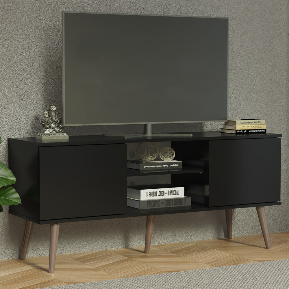 MADESA Moderner TV-Schrank mit 2 Türen und 2 Regale für TV bis zu 55 Zoll, 60 x 38 x 138 cm, aus Holz - Schwarz