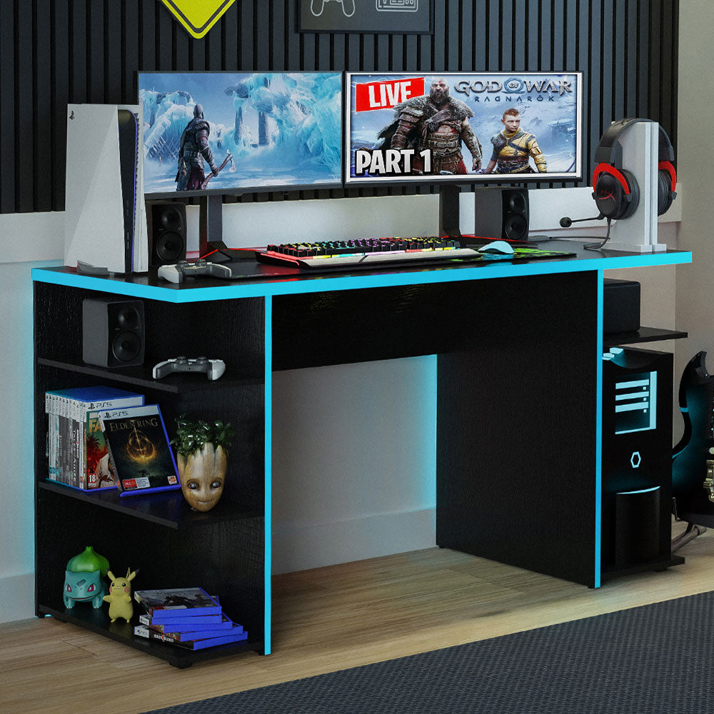 Madesa Gaming Computertisch, Schreibtisch, PC-Tisch, Bürotisch mit 5 Regale, 136 x 60 x 75 cm, aus Holz - Schwarz/Blau