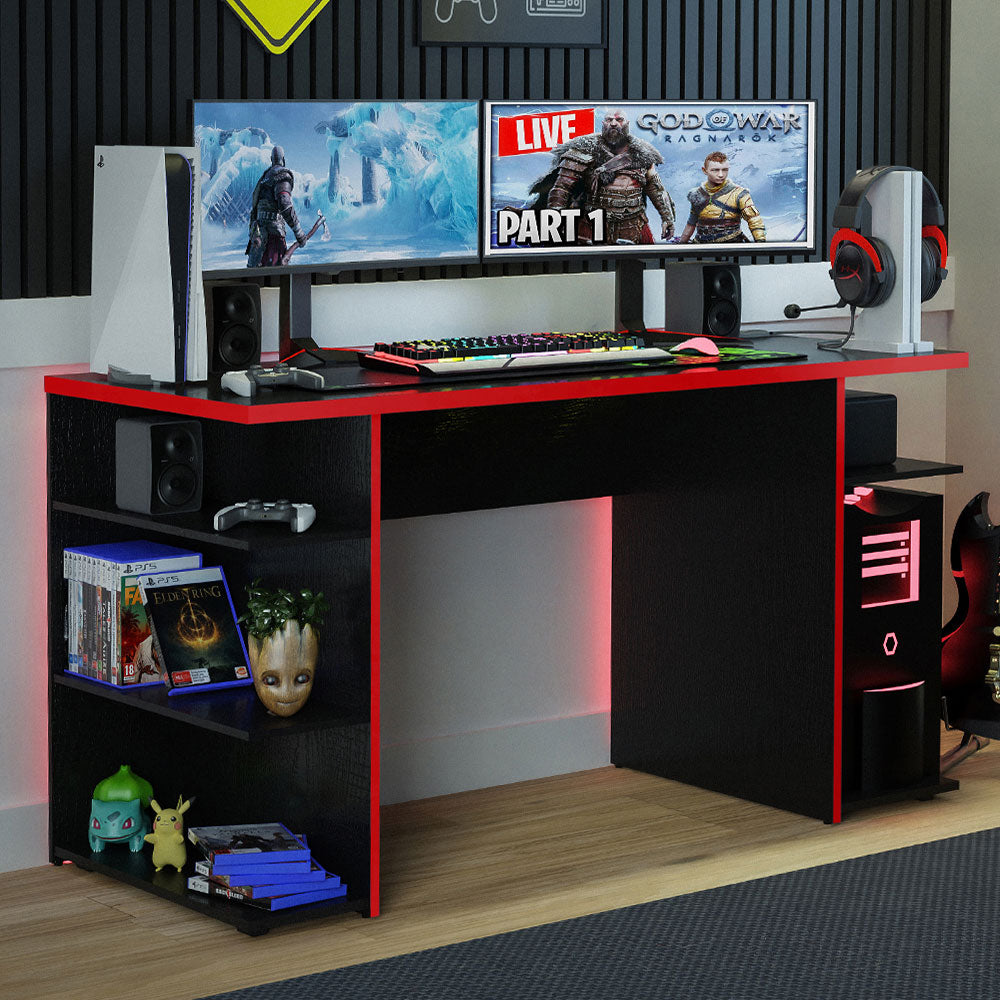 Madesa Gaming Computertisch, Schreibtisch, PC-Tisch, Bürotisch mit 5 Regale, 136 x 60 x 75 cm, aus Holz - Schwarz/Rot