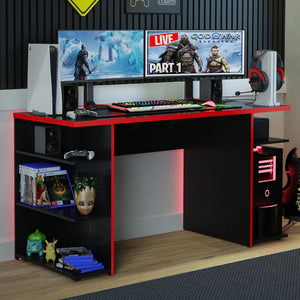 
                  
                    Load image into Gallery viewer, Madesa Gaming Computertisch, Schreibtisch, PC-Tisch, Bürotisch mit 5 Regale, 136 x 60 x 75 cm, aus Holz - Schwarz/Rot
                  
                