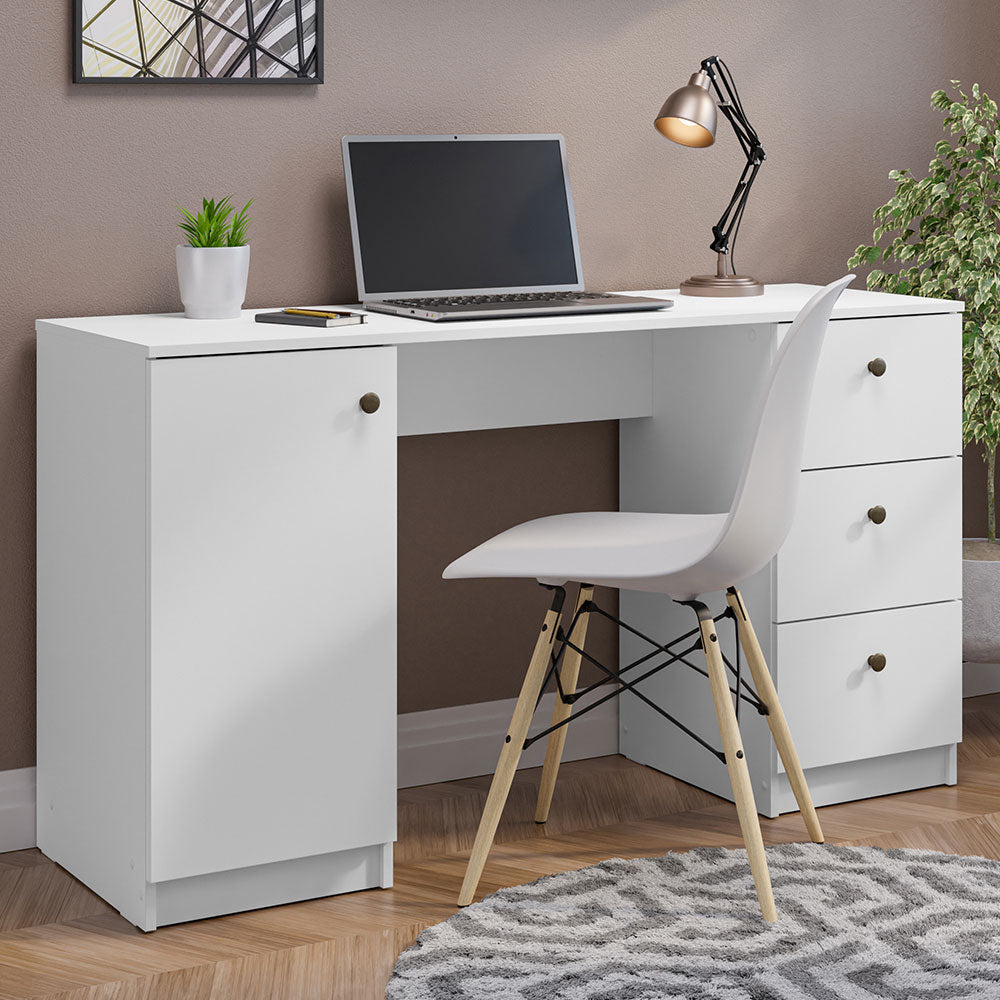 Madesa Modern Schreibtisch, Computertisch mit 3 Schubladen und 1 Tür, 136 x 45 x 77 cm, aus Holz - Weiß