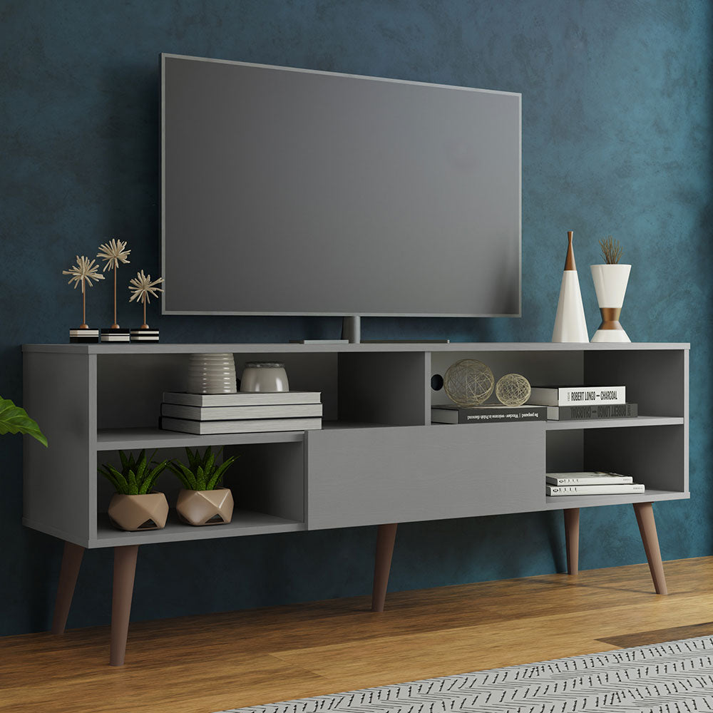 Madesa Modern TV Schrank mit 1 Schublade, 4 Regale für TVs bis zu 65 Zoll, 150 x 38 x 58 cm, Holz - Grau