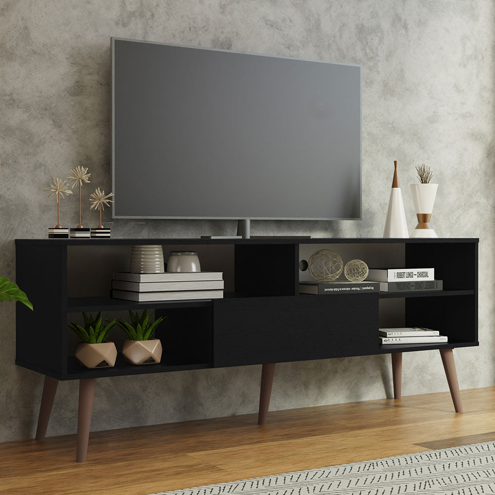 MADESA Modern TV Schrank mit 1 Schublade, 4 Regale für TVs bis zu 65 Zoll, 150 x 38 x 58 cm, Holz - Schwarz