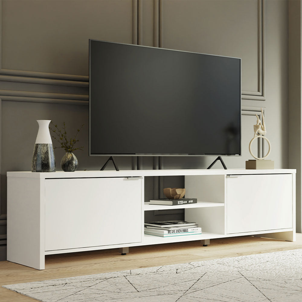 Madesa TV Schrank, Modernes TV Lowboard mit 2 Türen für Wohn- und Schlafzimmer für TV bis 75 Zoll, 180 x 39 x 47 cm, aus Holz - Weiß
