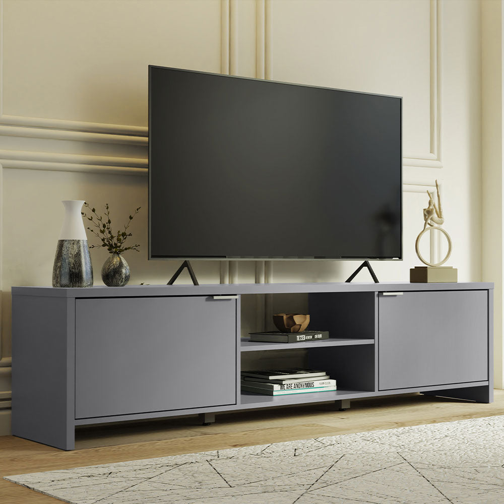 Madesa TV Schrank, Modernes TV Lowboard mit 2 Türen für Wohn- und Schlafzimmer für TV bis 75 Zoll, 180 x 39 x 47 cm, aus Holz - Grau
