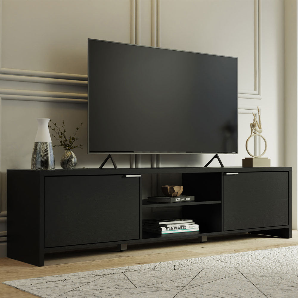 Madesa TV Schrank, Modernes TV Lowboard mit 2 Türen für Wohn- und Schlafzimmer für TV bis 75 Zoll, 180 x 39 x 47 cm, aus Holz - Schwarz