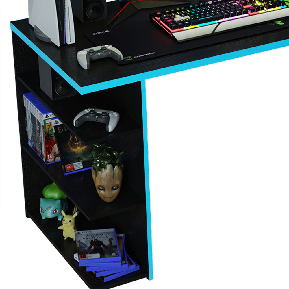 
                  
                    Load image into Gallery viewer, Madesa Gaming Computertisch, Schreibtisch, PC-Tisch, Bürotisch mit 5 Regale, 136 x 60 x 75 cm, aus Holz - Schwarz/Blau
                  
                