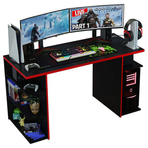 
                  
                    Load image into Gallery viewer, Madesa Gaming Computertisch, Schreibtisch, PC-Tisch, Bürotisch mit 5 Regale, 136 x 60 x 75 cm, aus Holz - Schwarz/Rot
                  
                