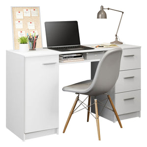 
                  
                    Load image into Gallery viewer, MADESA Computertisch, Schreibtisch, PC-Tisch, Bürotisch, Arbeitstisch mit 3 Schubladen und 1 Tür mit viel Stauraum, 136 x 45 x 76 cm, aus Holz - Weiß
                  
                
