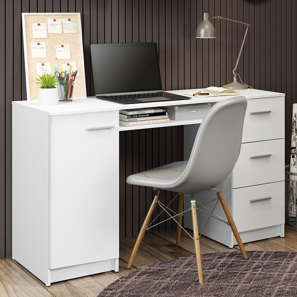 Madesa Schreibtisch, Computertisch mit 3 Schubladen und 1 Tür, 136 x 45 x 77 cm, aus Holz - Weiß