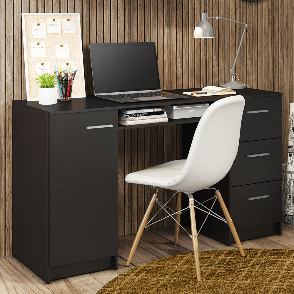 Madesa Schreibtisch, Computertisch mit 3 Schubladen und 1 Tür, 136 x 45 x 77 cm, aus Holz - Schwarz