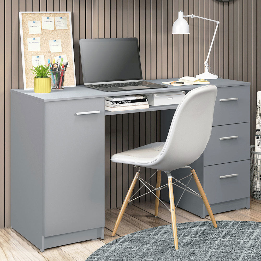 MADESA Computertisch, Schreibtisch, PC-Tisch, Bürotisch, Arbeitstisch mit 3 Schubladen und 1 Tür mit viel Stauraum, 136 x 45 x 76 cm, aus Holz - Grau