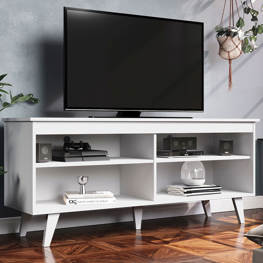 Madesa TV Schrank, Fernsehtisch für TV bis 55 Zoll, für Wohn- und Schlafzimmer, 136 x 38 x 58 cm, aus Holz - Weiß