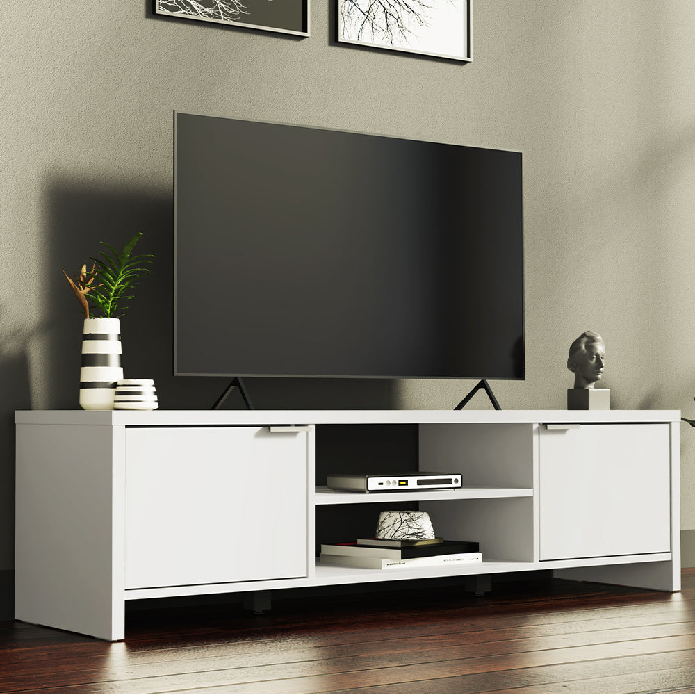 Madesa TV Schrank, TV Lowboard mit 2 Türen für Wohn- und Schlafzimmer für TV bis 65 Zoll, 145 x 38 x 40 cm, aus Holz - Weiß