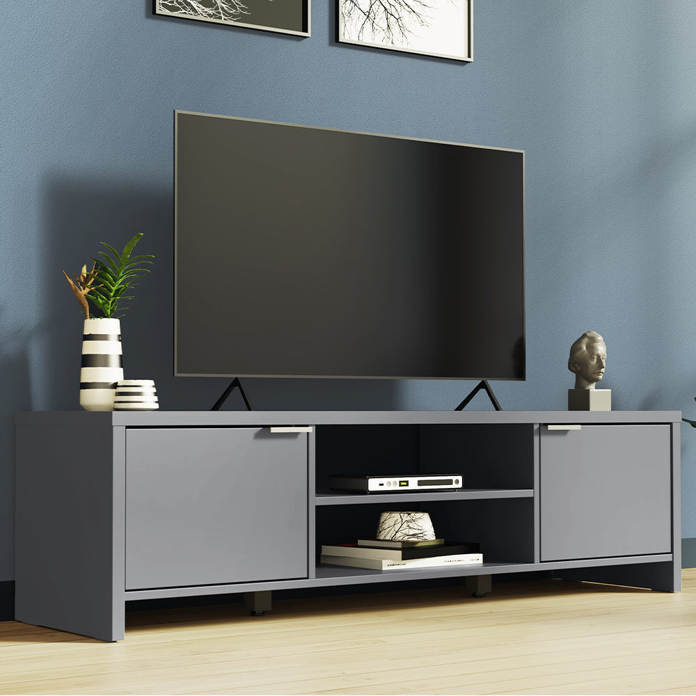 Madesa TV Schrank, TV Lowboard mit 2 Türen für Wohn- und Schlafzimmer für TV bis 65 Zoll, 145 x 38 x 40 cm, aus Holz - Grau