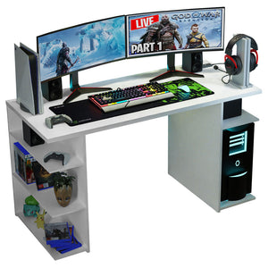 
                  
                    Load image into Gallery viewer, MADESA Gaming Computertisch, Schreibtisch, PC-Tisch, Bürotisch, Arbeitstisch, 5 Regale mit viel Stauraum, 136 x 60 x 77 cm, aus Holz - Weiß
                  
                