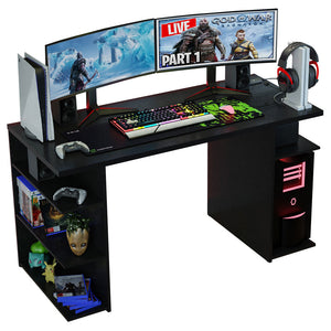 
                  
                    Load image into Gallery viewer, Madesa Gaming Computertisch, Schreibtisch, PC-Tisch, Bürotisch mit 5 Regale, 136 x 60 x 75 cm, aus Holz - Schwarz
                  
                